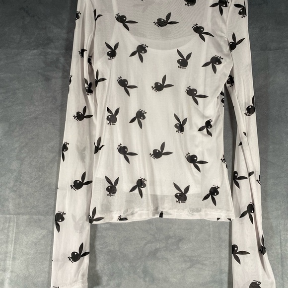 Vintage Playboy Bunny All Over Print Top Women’s Size XS White Sheer Layered Y2K - Picture 6 of 8